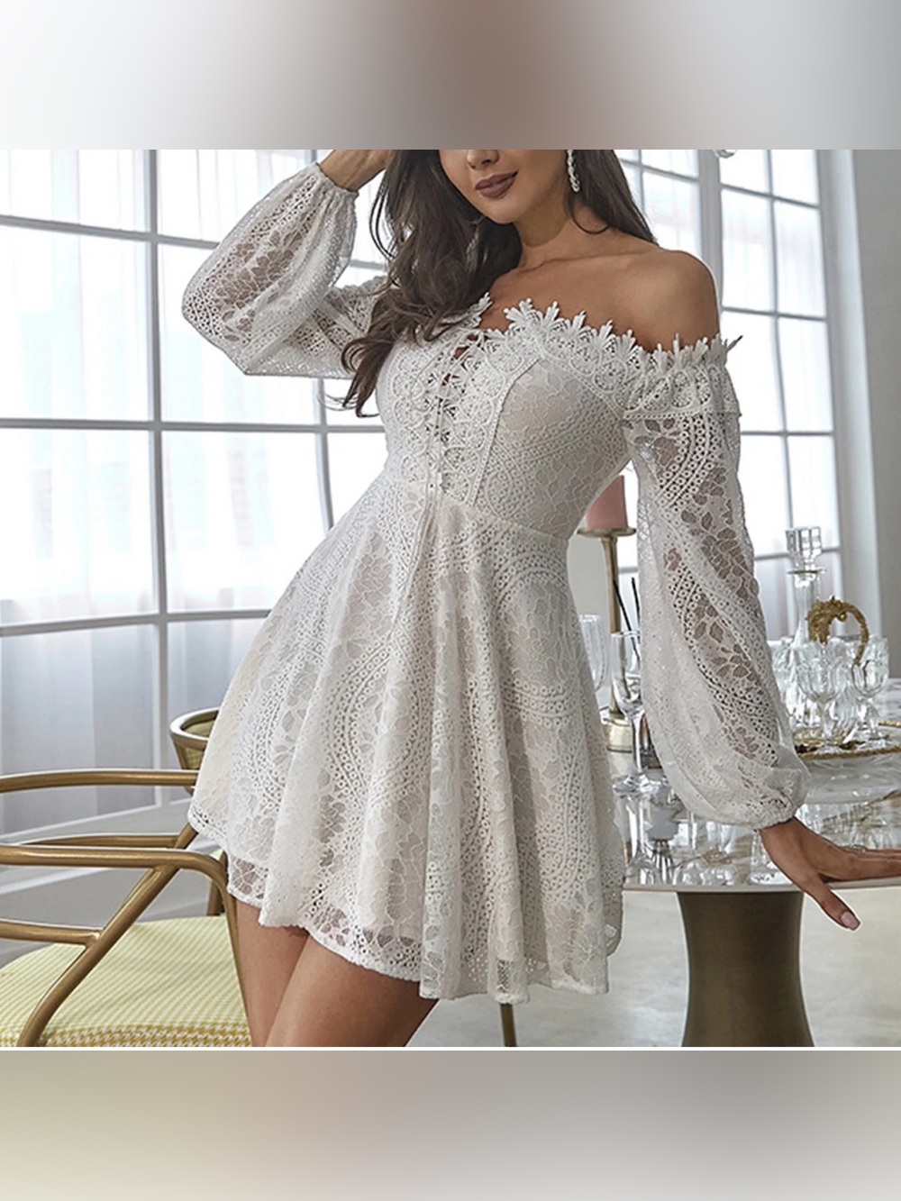 Off-White Lace Off-the-Shoulder Long Sleeve A-Line Party Dress size Small